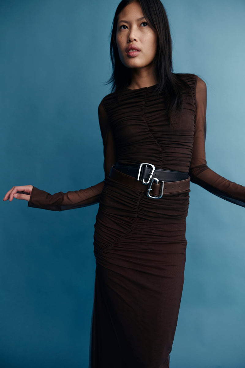 SIR the label Jacques Mesh Gathered Midi Skirt Chocolate