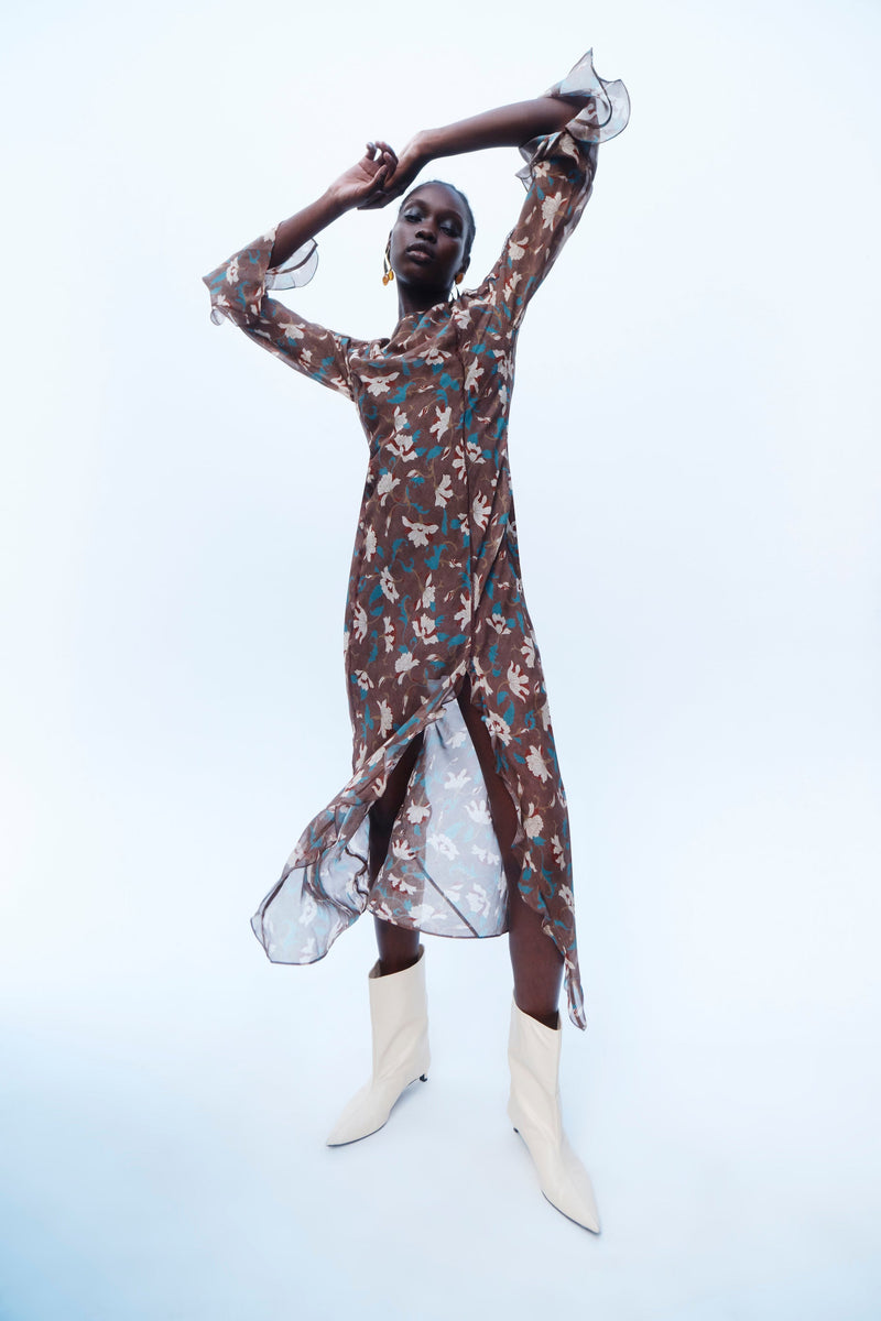 SIR the label Avellino Cascade Dress CHOCOLATE FIORE PRINT