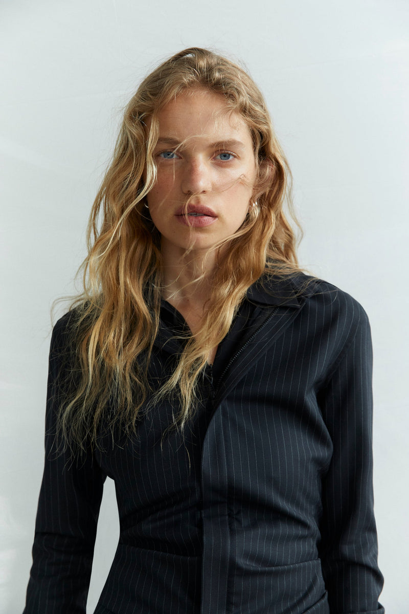 SIR the label Edie Ruched Sleeve Shirt PINSTRIPE