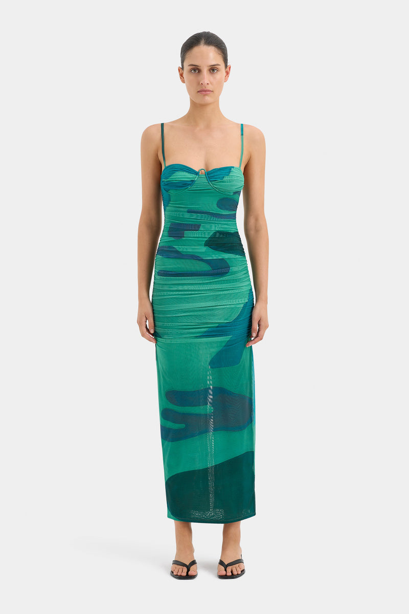 SIR the label Frankie Gathered Midi Dress EMERALD REFLECTION