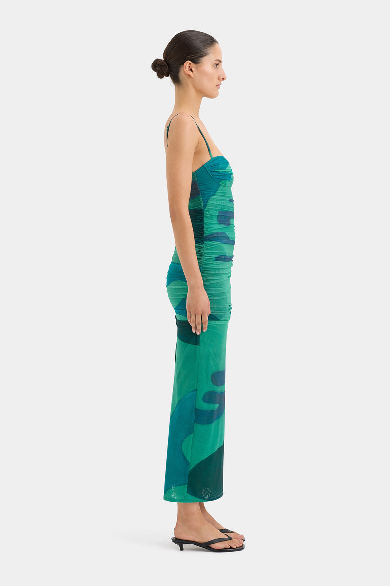 SIR the label Frankie Gathered Midi Dress EMERALD REFLECTION