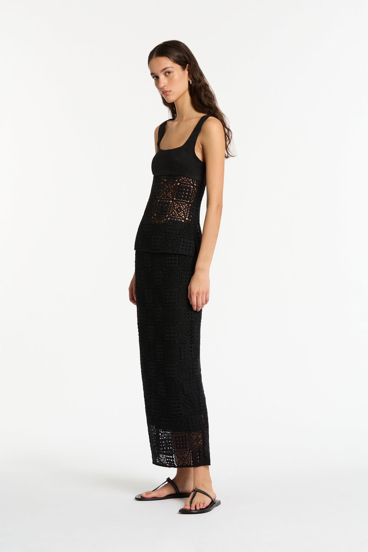 SIR the label Rayure Midi Skirt Black Crochet