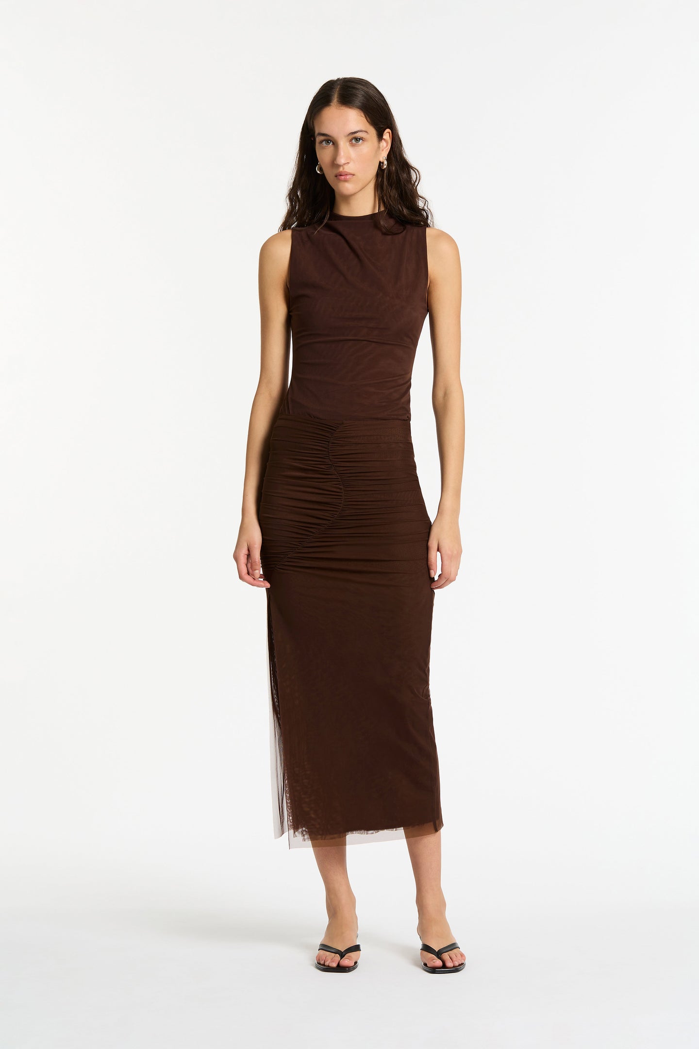 SIR the label Jacques Mesh Gathered Midi Skirt Chocolate