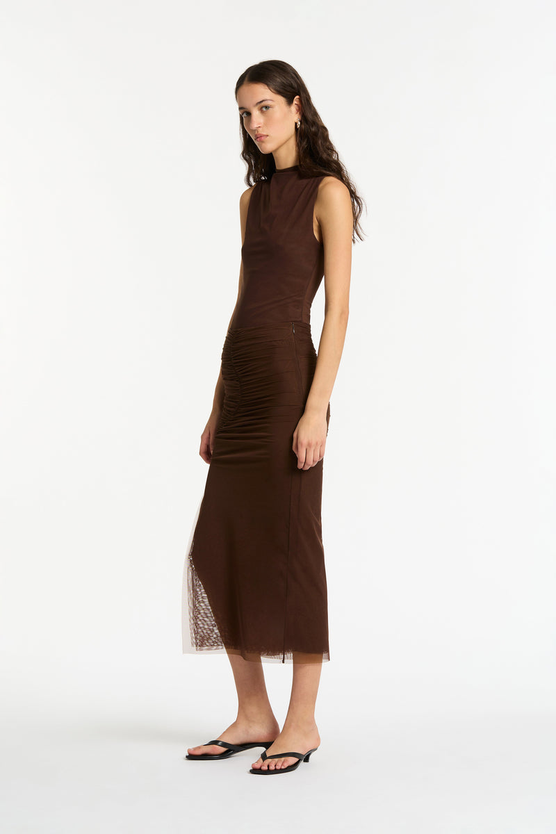 SIR the label Jacques Mesh Gathered Midi Skirt Chocolate