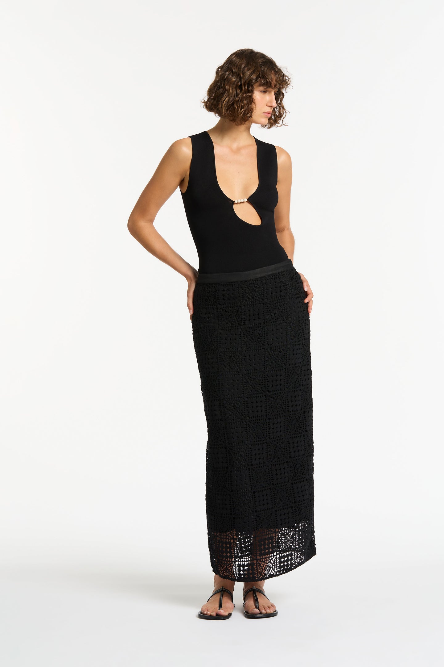 SIR the label Rayure Midi Skirt Black Crochet