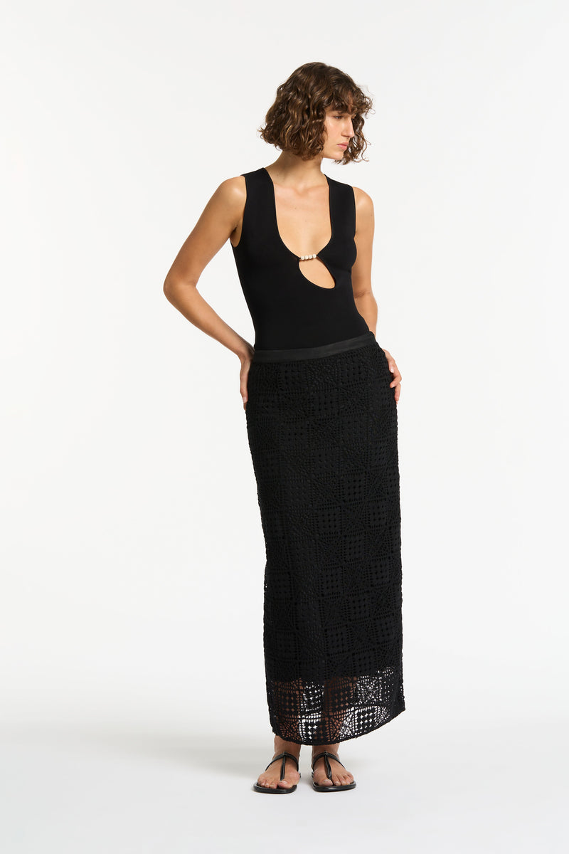 SIR the label Rayure Midi Skirt Black Crochet