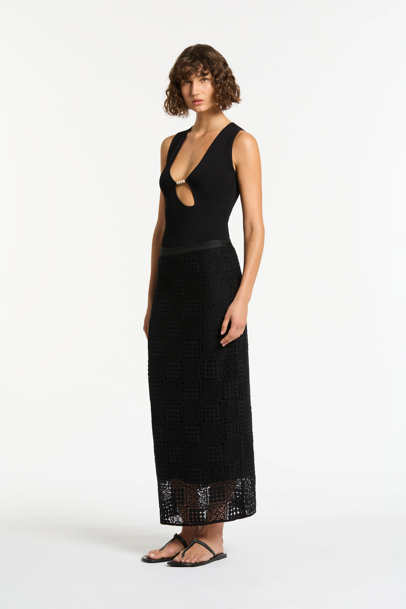 SIR the label Rayure Midi Skirt Black Crochet