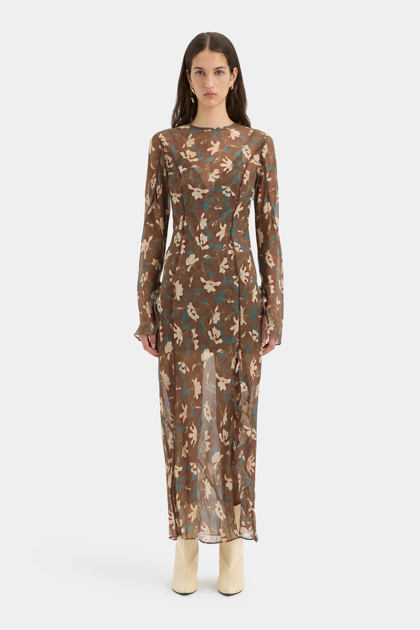 SIR the label Avellino Cascade Dress CHOCOLATE FIORE PRINT