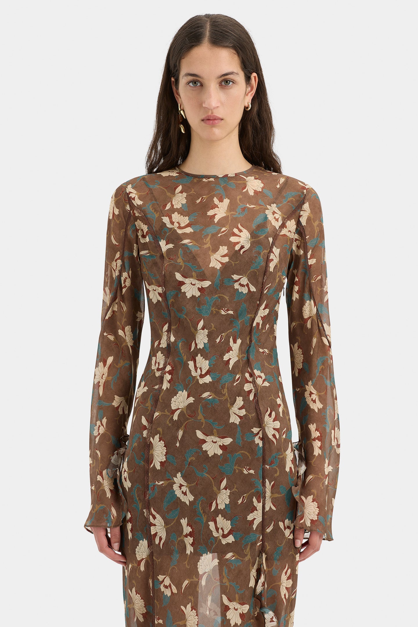 SIR the label Avellino Cascade Dress CHOCOLATE FIORE PRINT