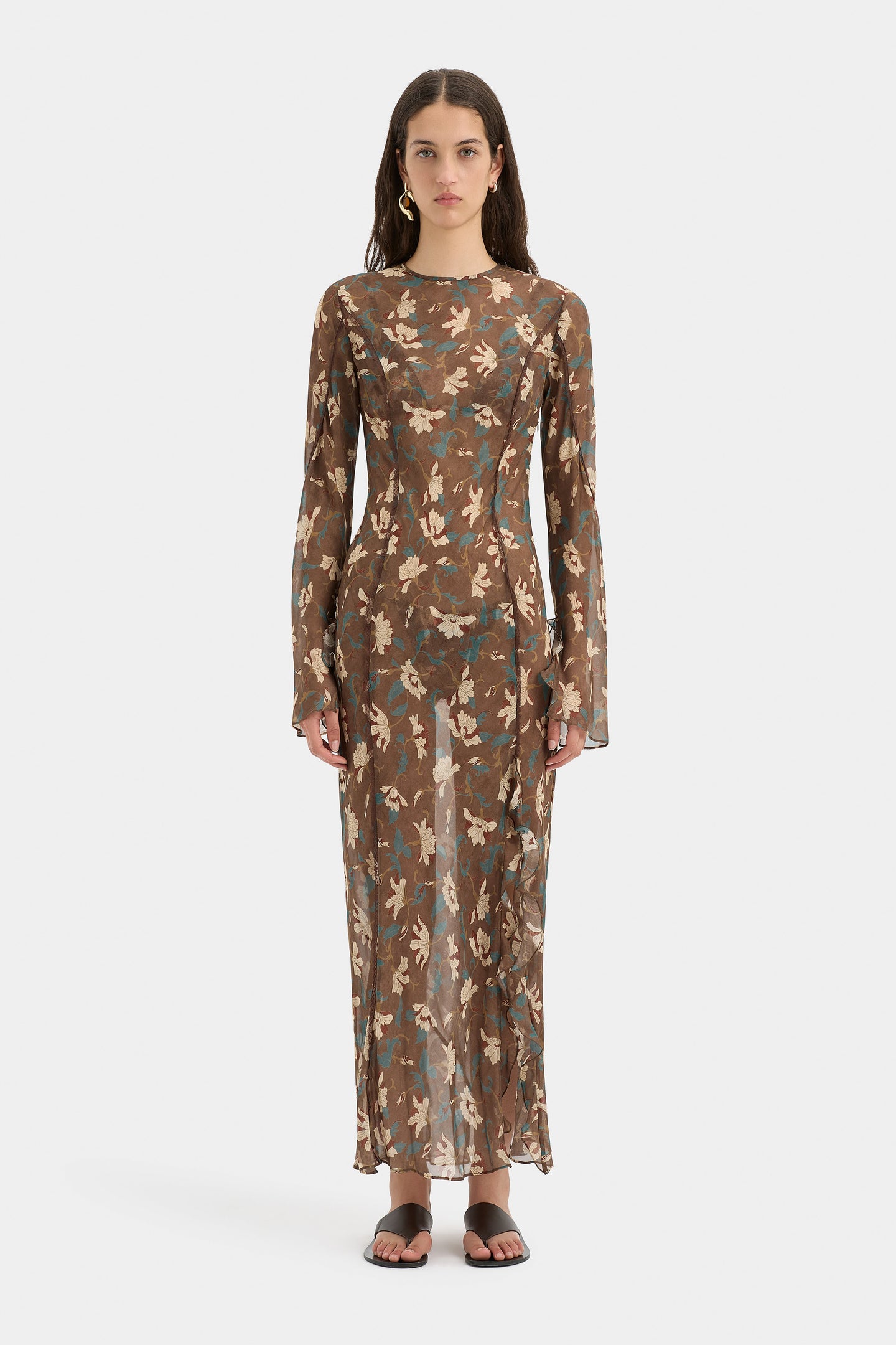 SIR the label Avellino Cascade Dress CHOCOLATE FIORE PRINT