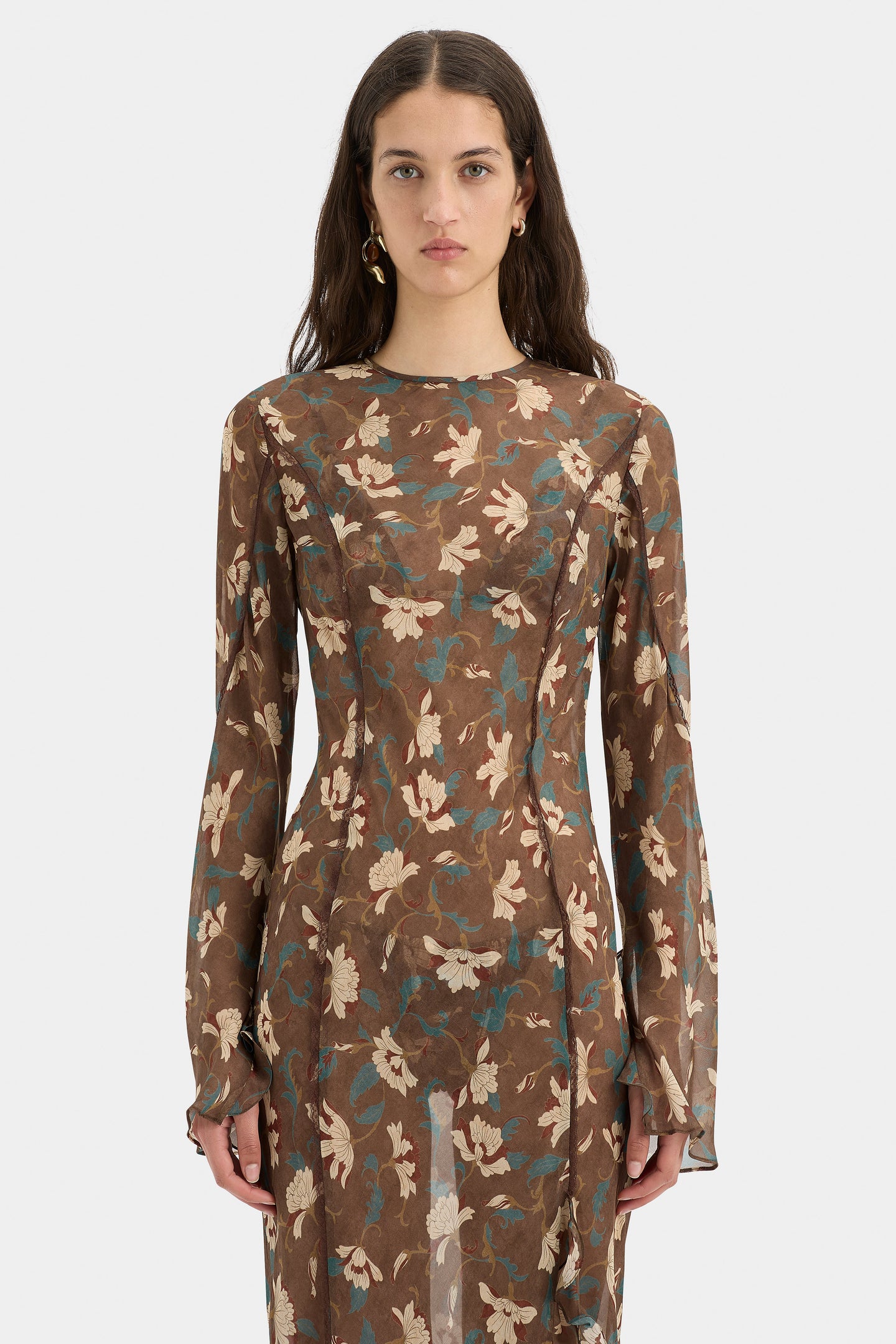 SIR the label Avellino Cascade Dress CHOCOLATE FIORE PRINT