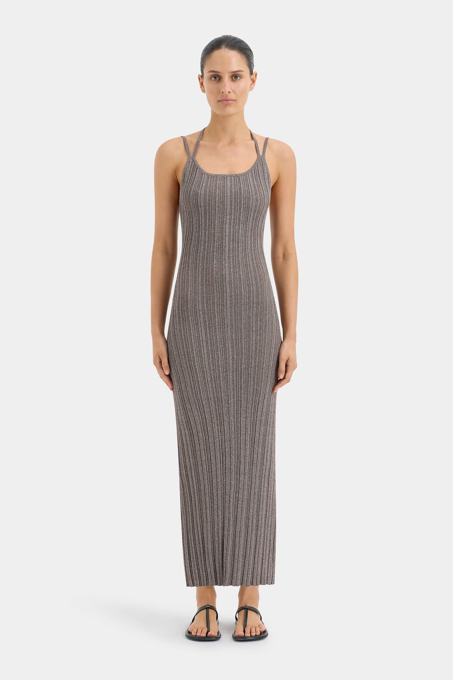 SIR the label Impasto Ribbed Halter Maxi Dress Chocolate