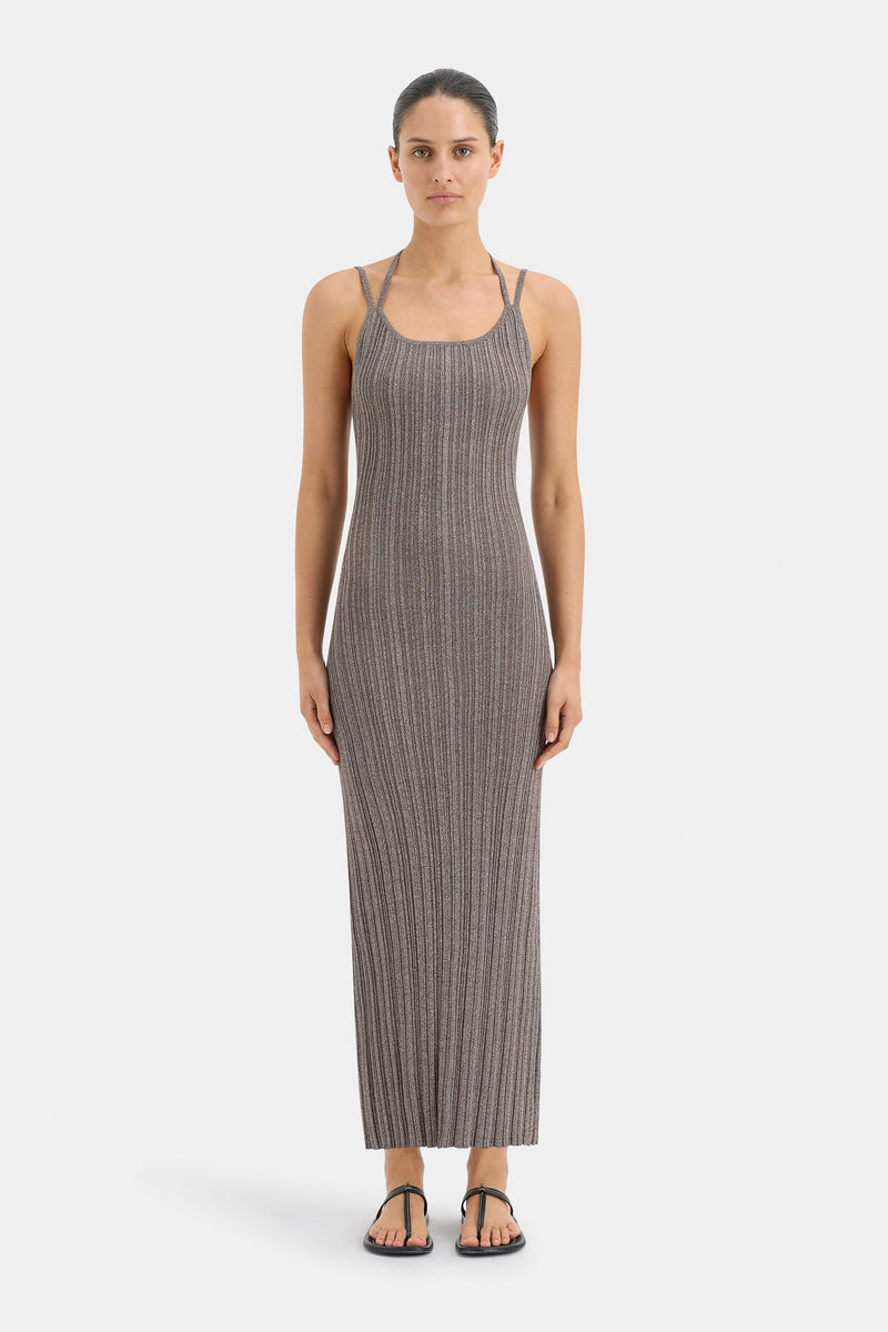 SIR the label Impasto Ribbed Halter Maxi Dress Chocolate
