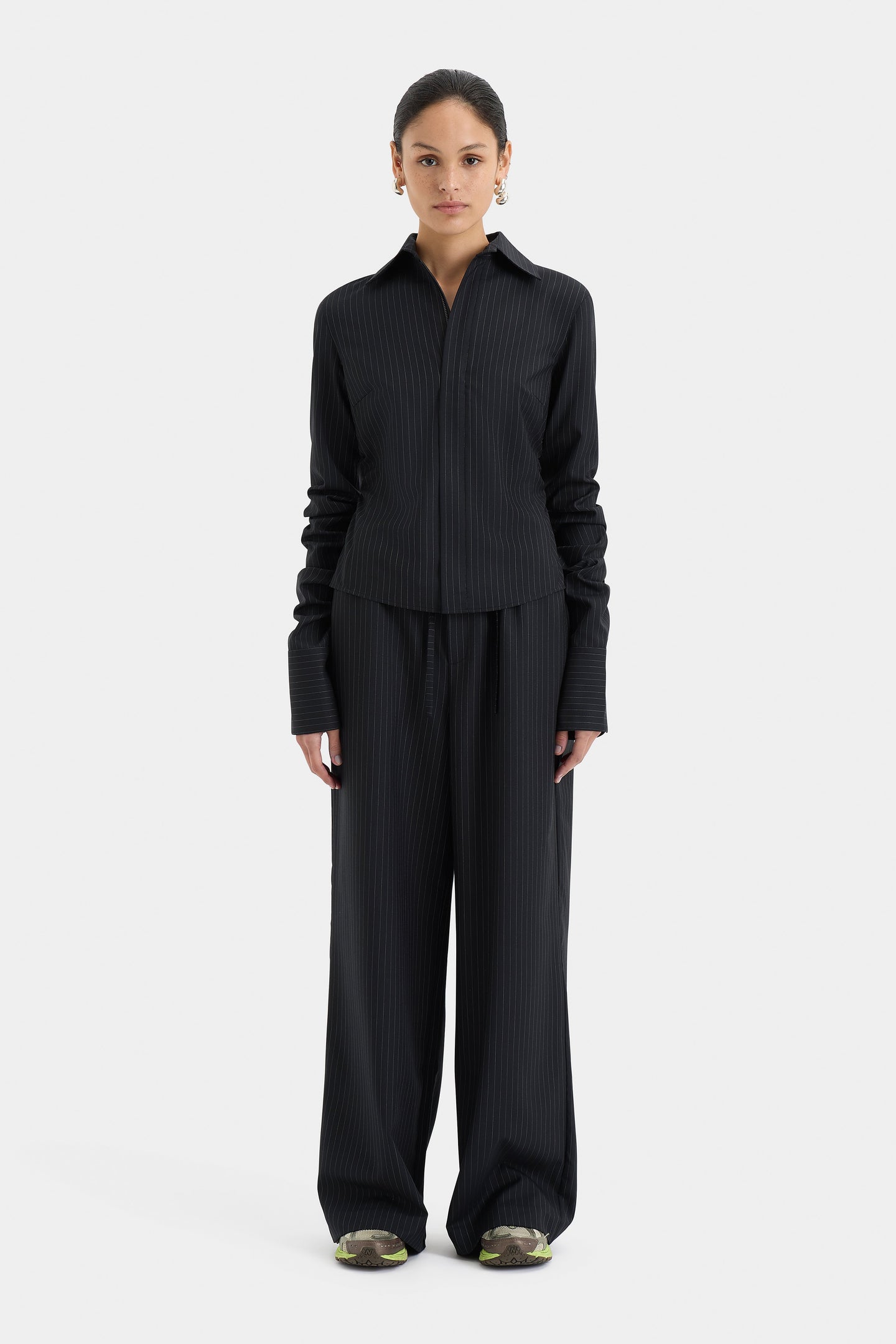 SIR the label Edie Ruched Sleeve Shirt PINSTRIPE