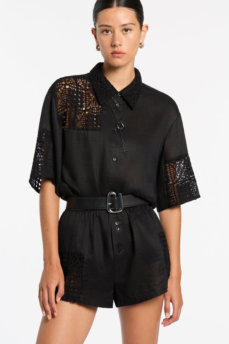 SIR the label Rayure Patchwork Short Black Crochet