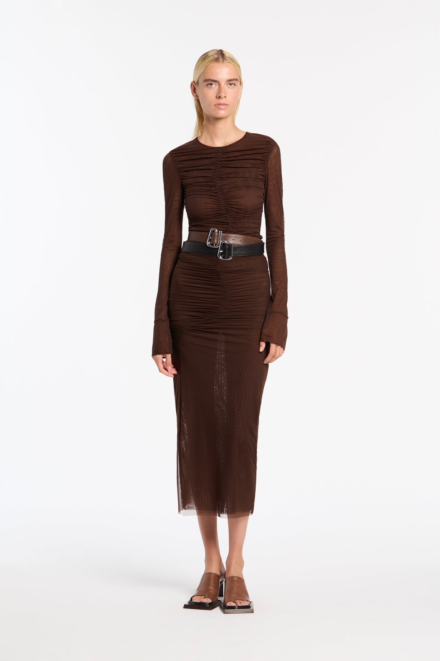 SIR the label Jacques Mesh Gathered Midi Skirt Chocolate