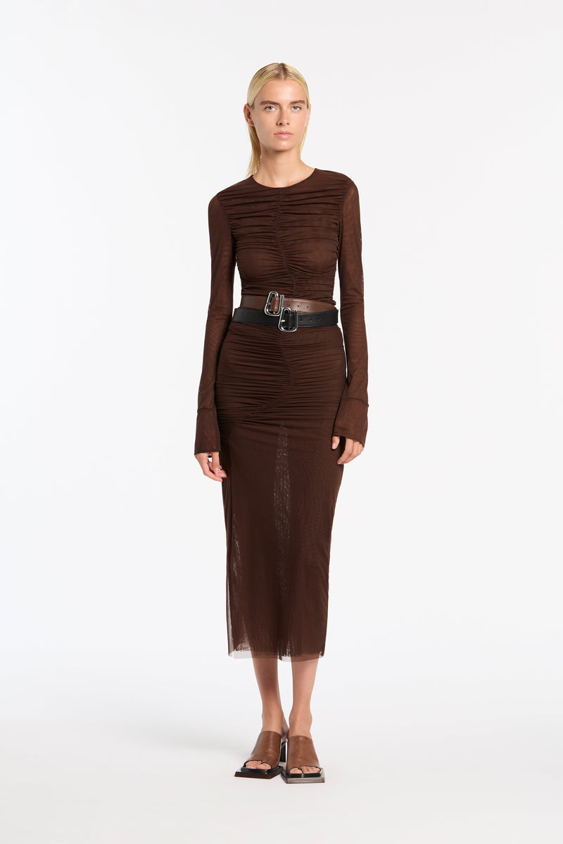 SIR the label Jacques Mesh Gathered Midi Skirt Chocolate